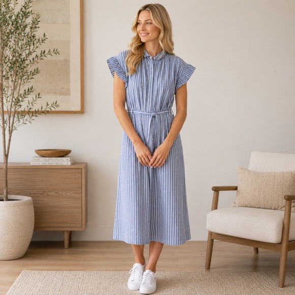 Isabella Sinclair Dresses & Skirts - Isabella Sinclair Blue White Striped Flutter Sleeve Midi Shirt Dress Small